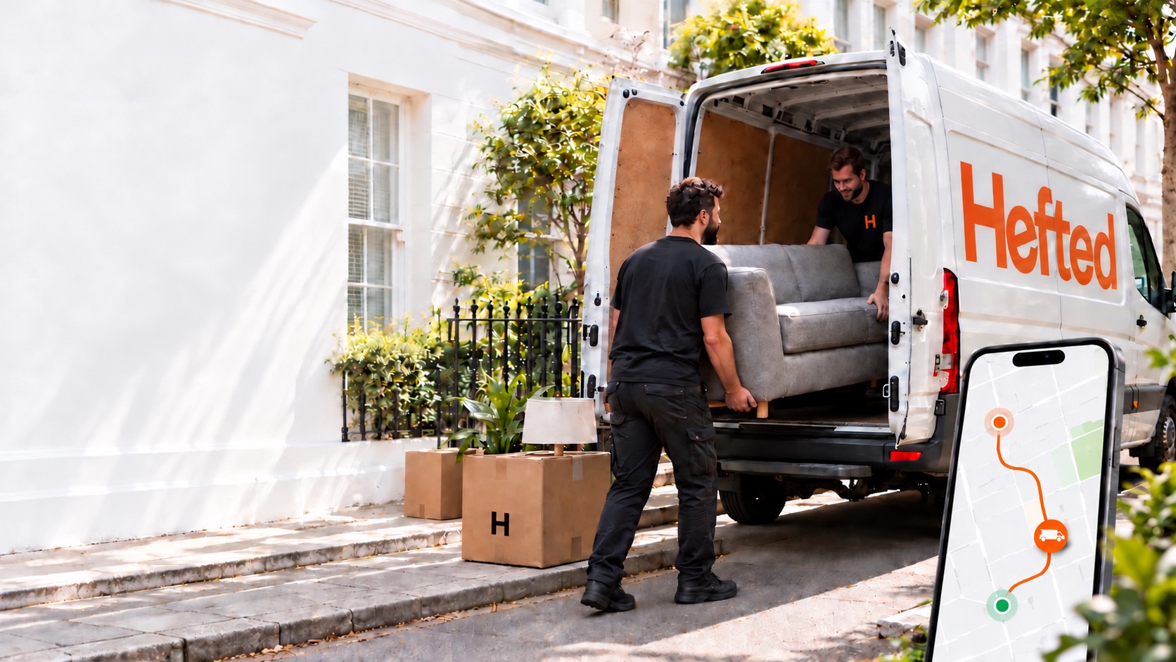 Two Hefted movers loading a sofa into a white van; a conceptual phone map illustrates live tracking