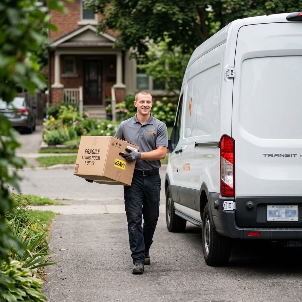 Movers in grey uniforms carrying home items with visible Hefted branding.