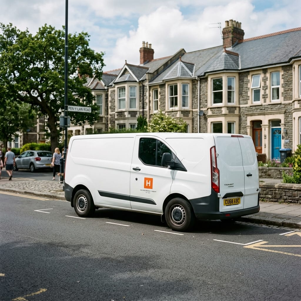 A clean white Ford Transit van with a small orange Hefted logo parked on Pen-y-Lan Road in Cardiff