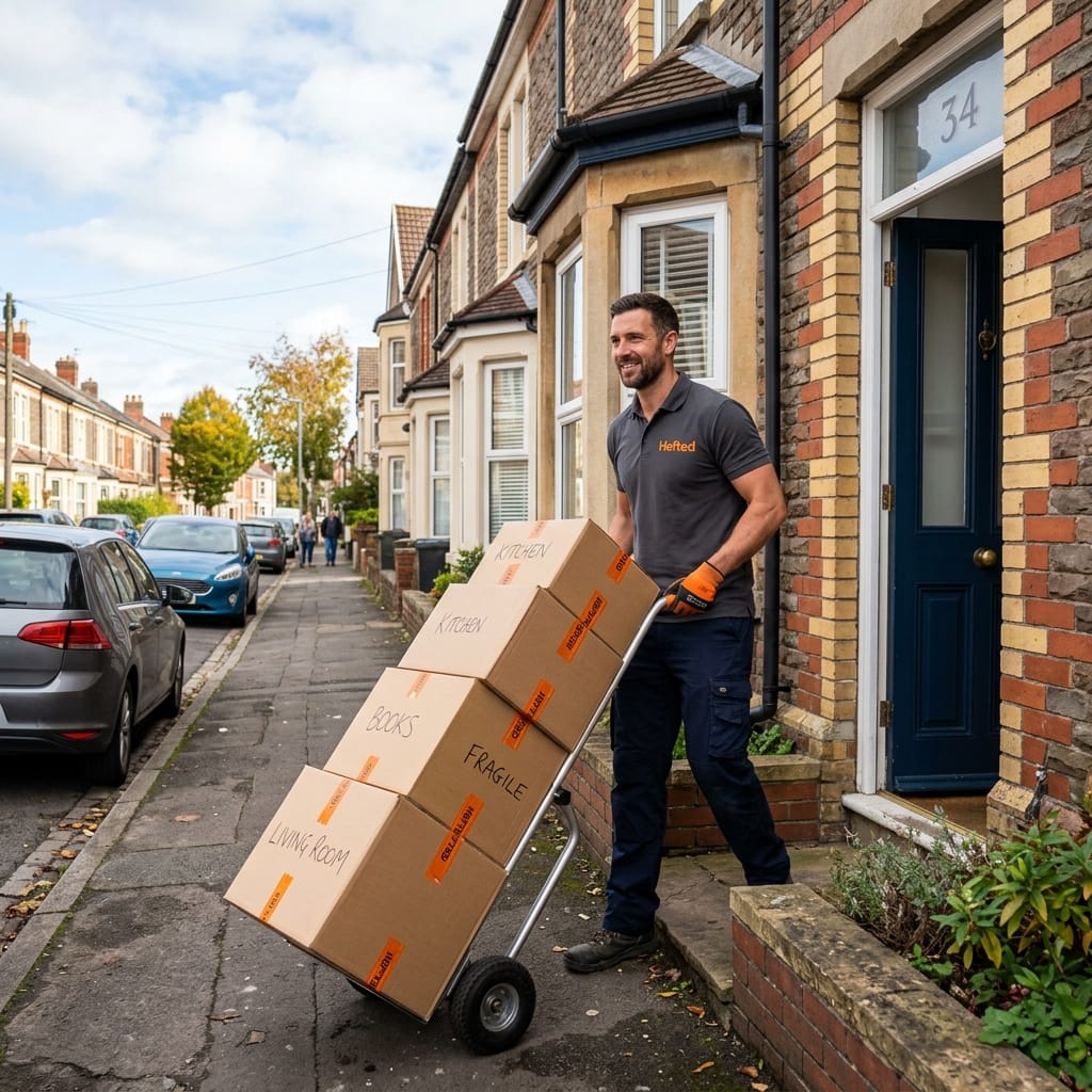 A mover in a grey polo shirt with the Hefted logo, rolling a hand truck loaded with boxes out of a Roath house.