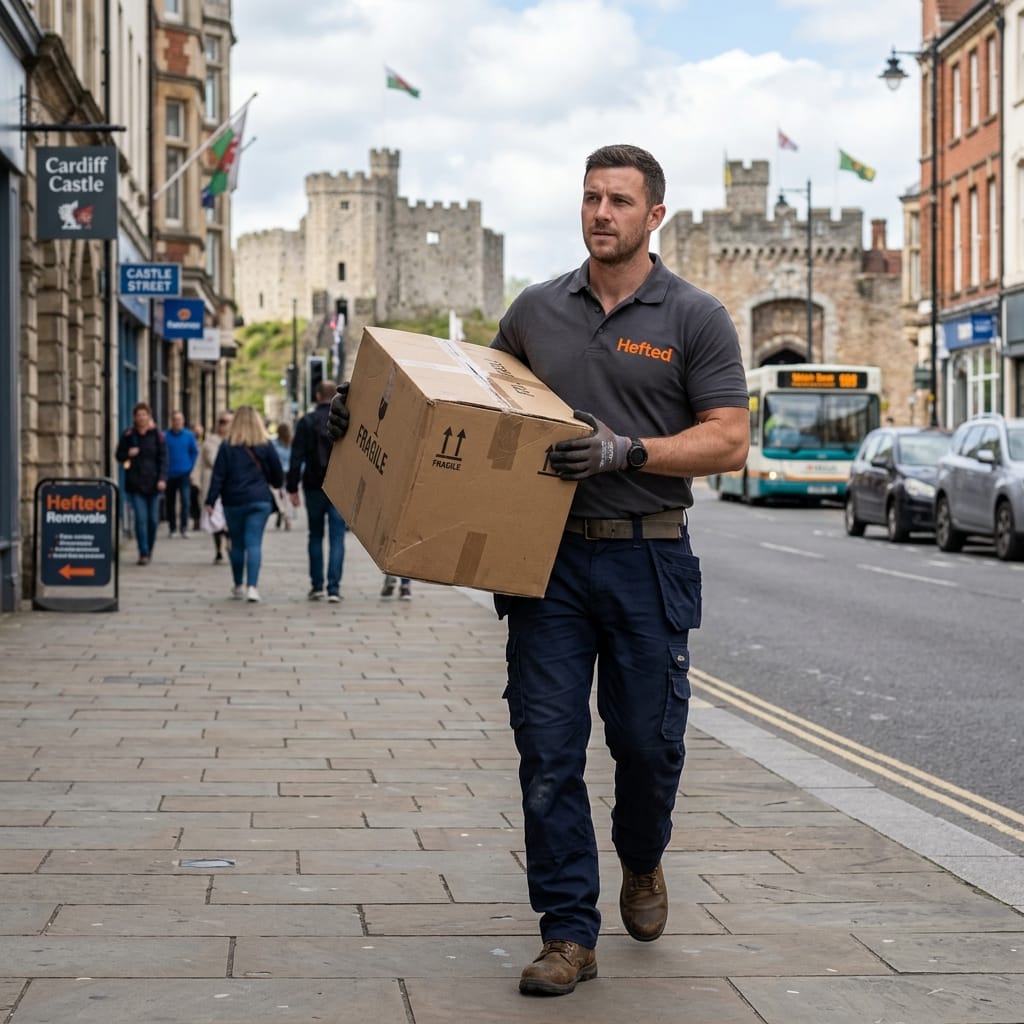 A friendly male mover carrying a box on a Cardiff street with Cardiff Castle in the background, wearing a charcoal grey polo shirt with the bold orange Hefted text logo.