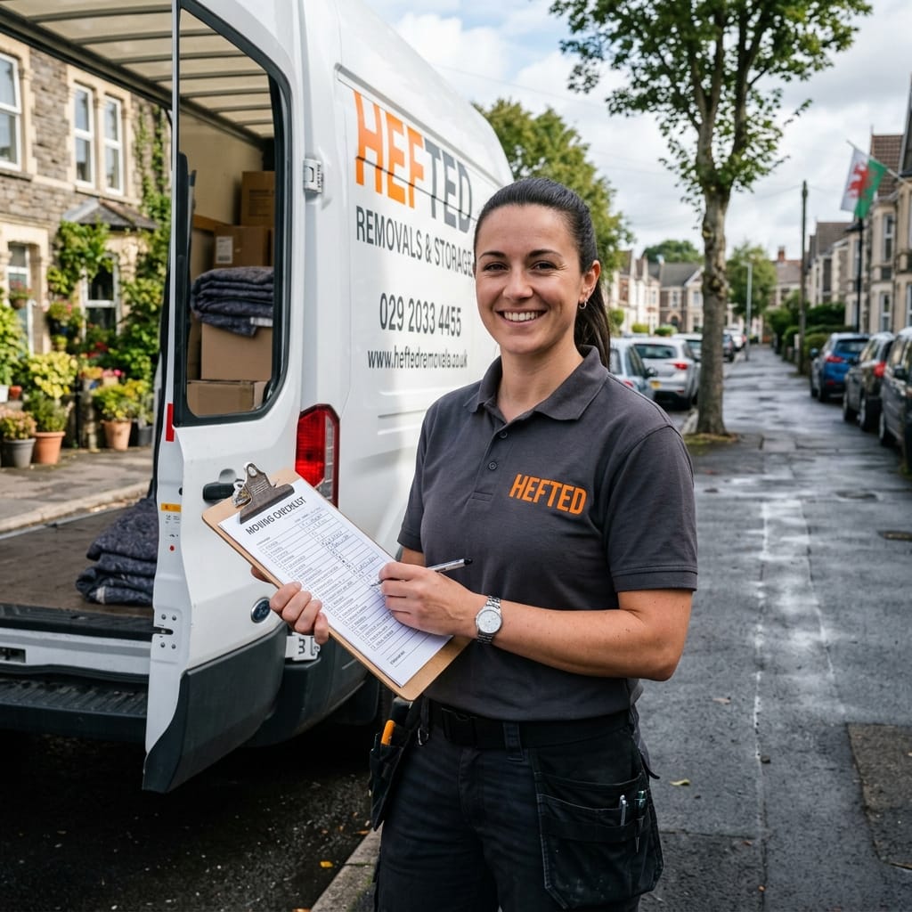 A friendly female mover in a grey polo shirt with the bold orange Hefted text logo, holding a clipboard with a checklist in Cardiff.