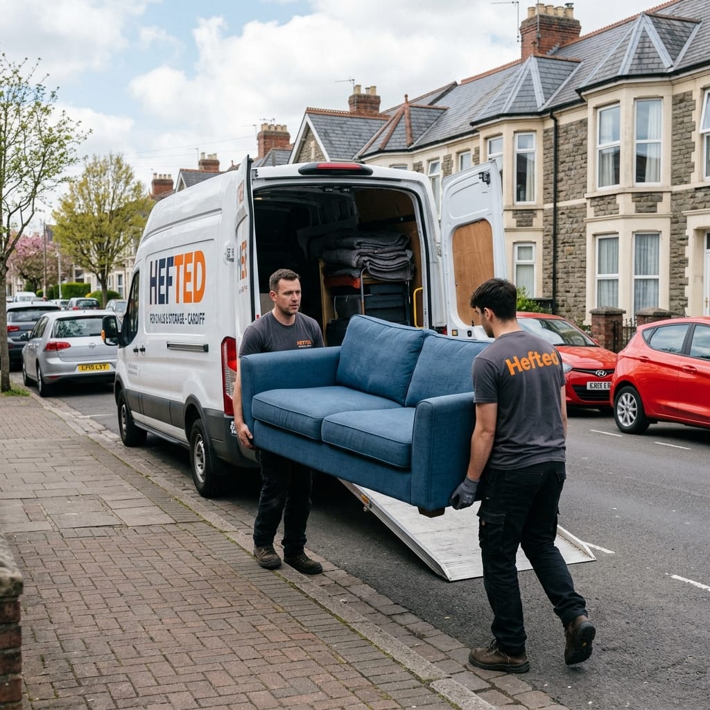 Two movers carrying a blue sofa into a white van on a Cardiff street, with the Hefted text logo printed in orange on the back of their grey shirts.