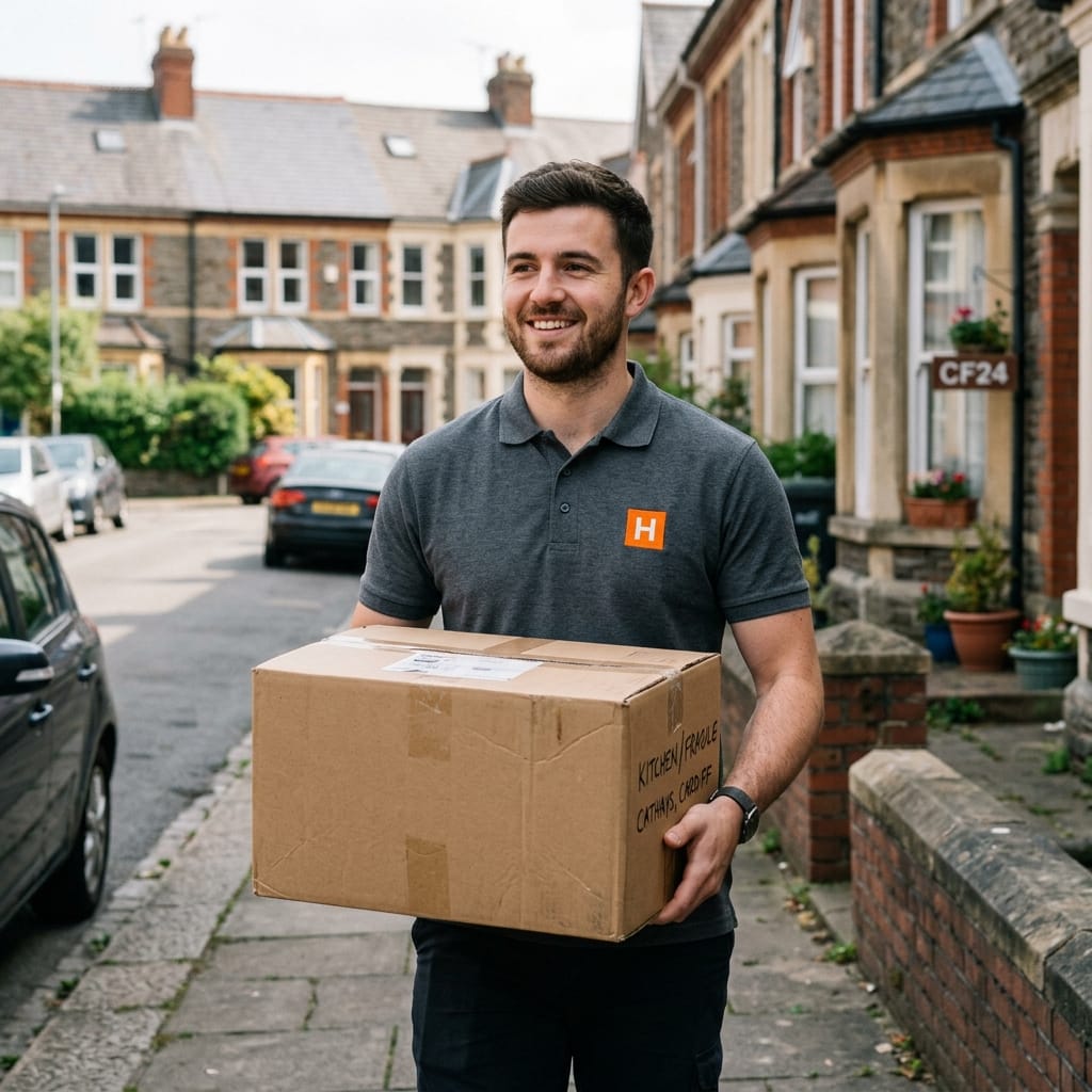 A friendly Hefted mover in a grey polo shirt carrying a cardboard box labeled Cathays Cardiff