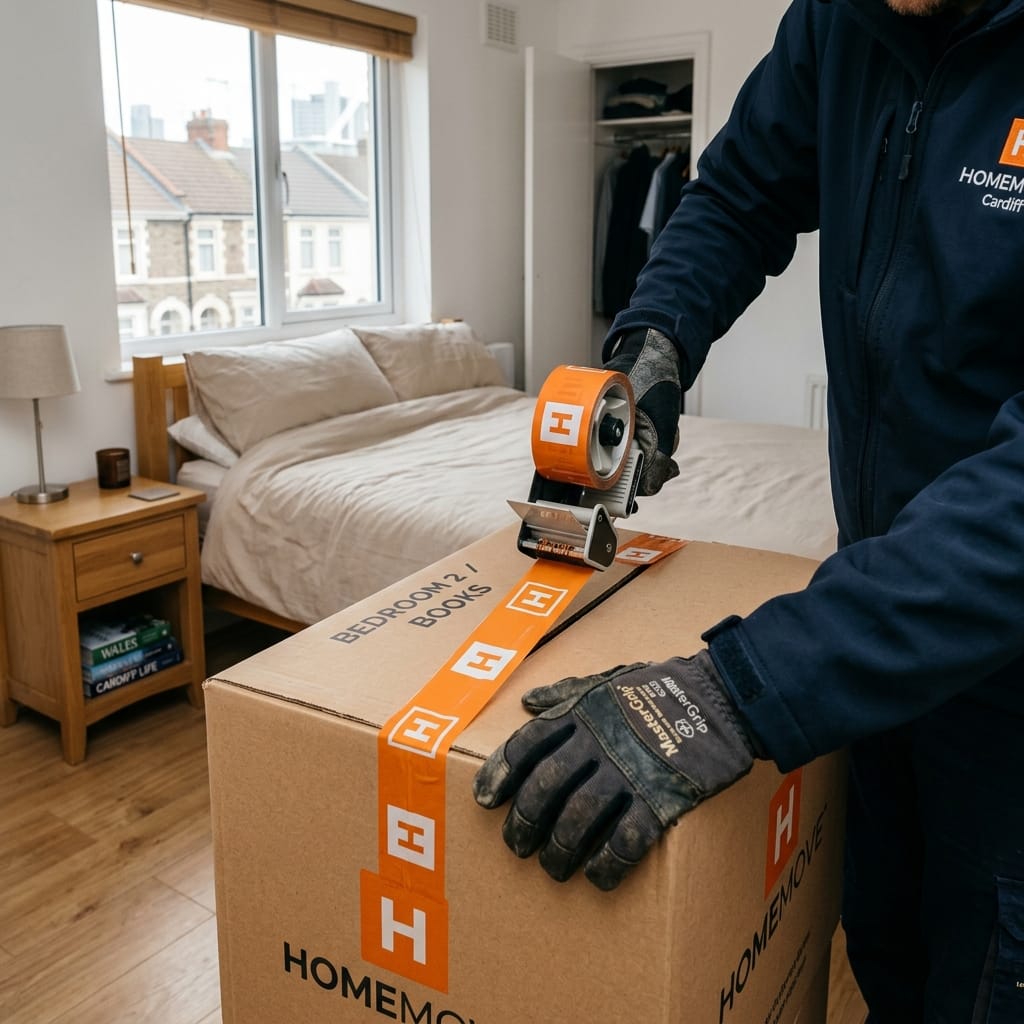 A close-up of a mover sealing a cardboard box with orange tape featuring the square Hefted H logo.