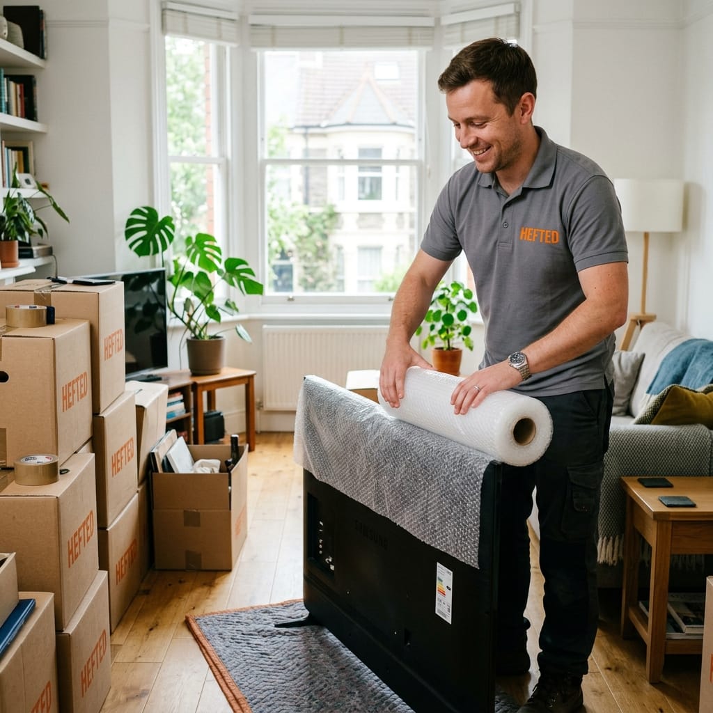 A friendly mover in a grey polo shirt with the orange Hefted logo wrapping a television with bubble wrap in Pontcanna.