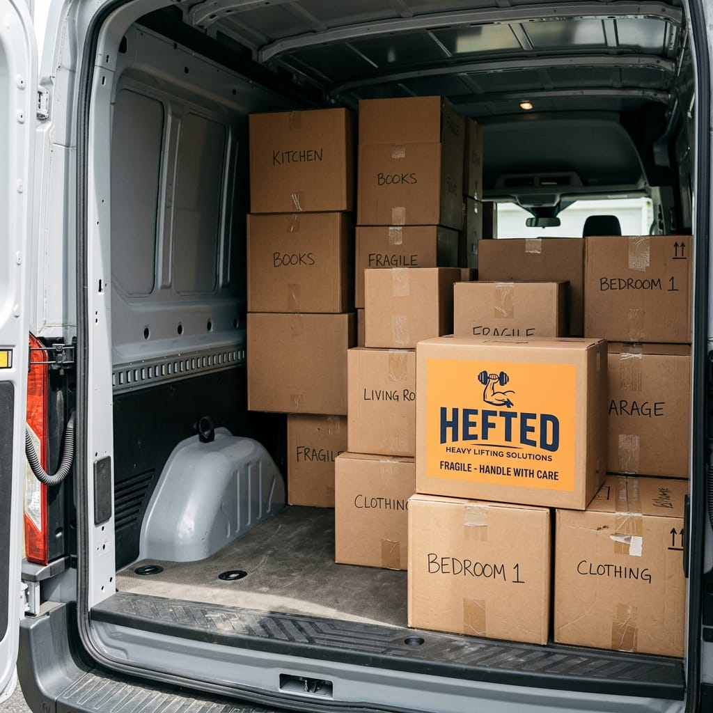 Cargo van interior loaded with cardboard moving boxes