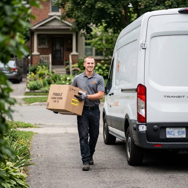 Movers in grey uniforms carrying home items with visible Hefted branding.