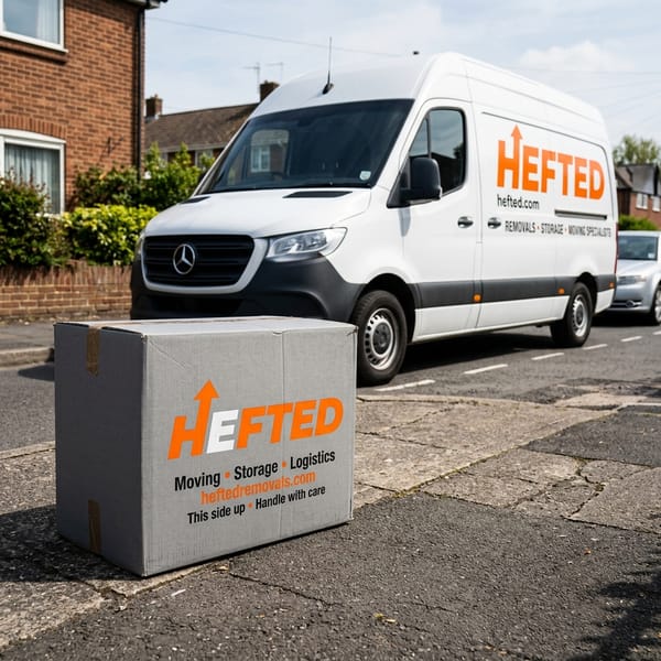 A grey cardboard packing box printed with the orange Hefted logo, sitting on the pavement next to a white van.