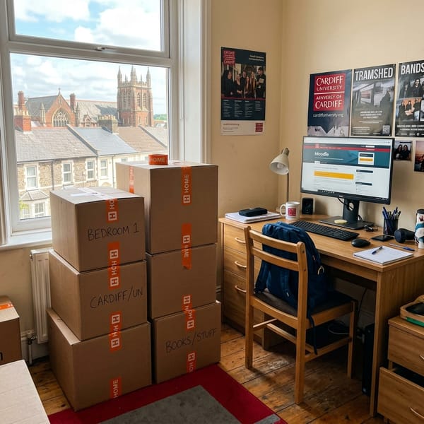 Cardboard moving boxes sealed with orange Hefted H tape stacked in a student room with a Cardiff University poster in the background