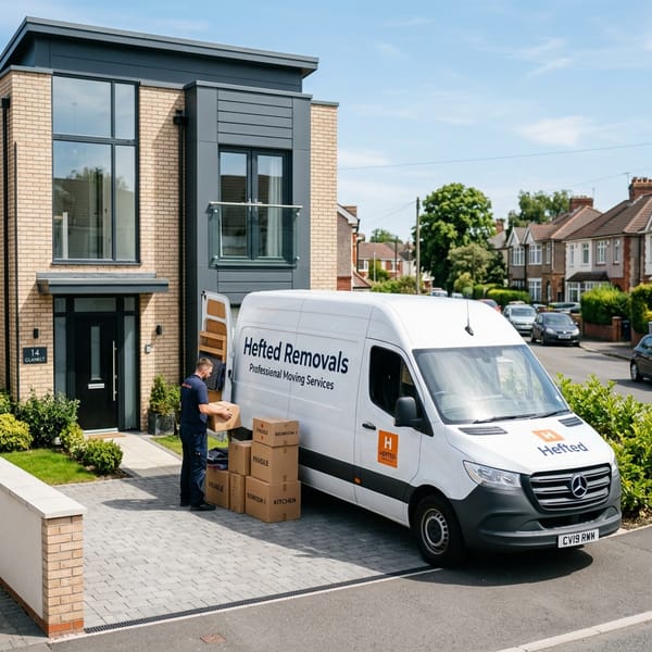 White Mercedes Sprinter removals van outside a modern house in Canton, Cardiff. Small orange Hefted H logo on the door.