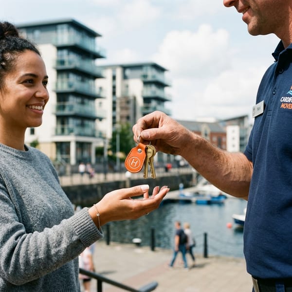 Close-up of a key handover in Cardiff Bay with an orange leather Hefted H keychain
