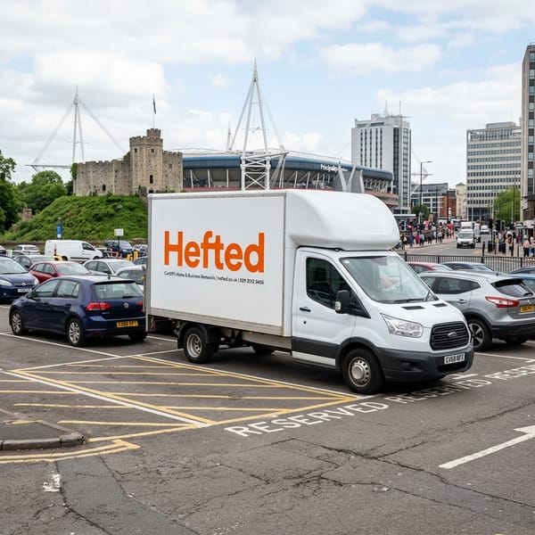 A white Luton van with the orange Hefted logo on the side door, parked in Cardiff central with landmarks.