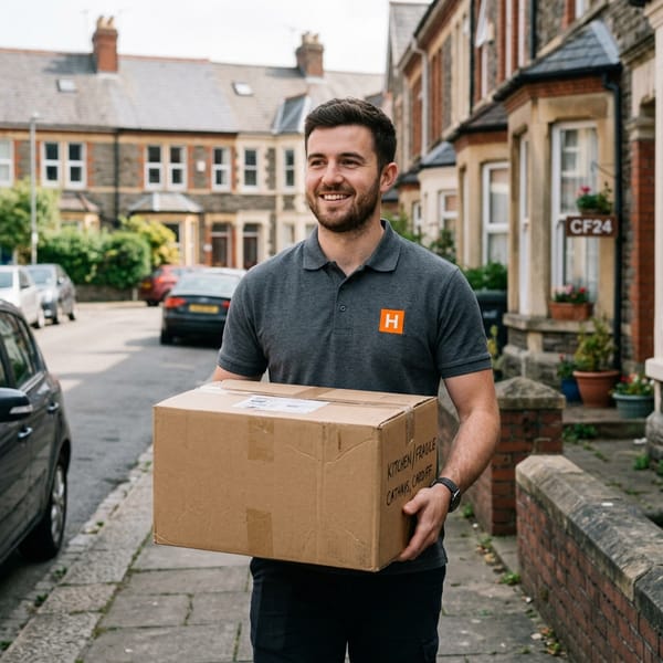 A friendly Hefted mover in a grey polo shirt carrying a cardboard box labeled Cathays Cardiff