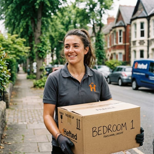 A close-up photograph of a friendly female mover in a grey polo shirt with a small orange Hefted H logo, carrying a cardboard box labeled Bedroom 1 in Pontcanna, Cardiff.