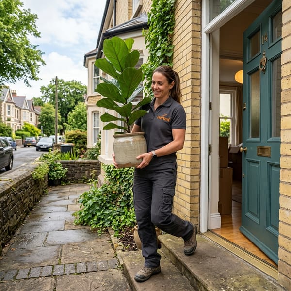 A professional female mover in a grey polo shirt with the Hefted logo, carrying a large houseplant in Pontcanna.