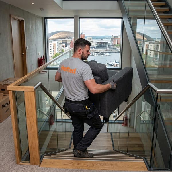 A professional mover in a grey t-shirt with the orange Hefted logo carrying an armchair down stairs in Cardiff Bay.