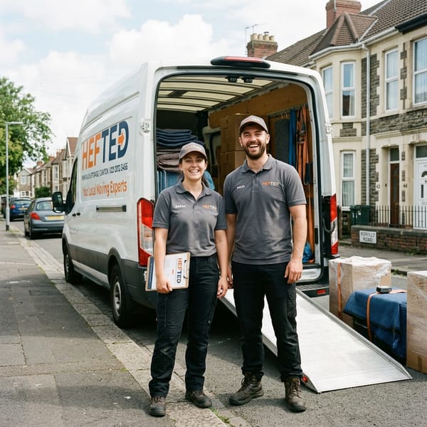Two friendly movers in grey uniforms with the Hefted logo, standing in front of their open removals van in Canton.