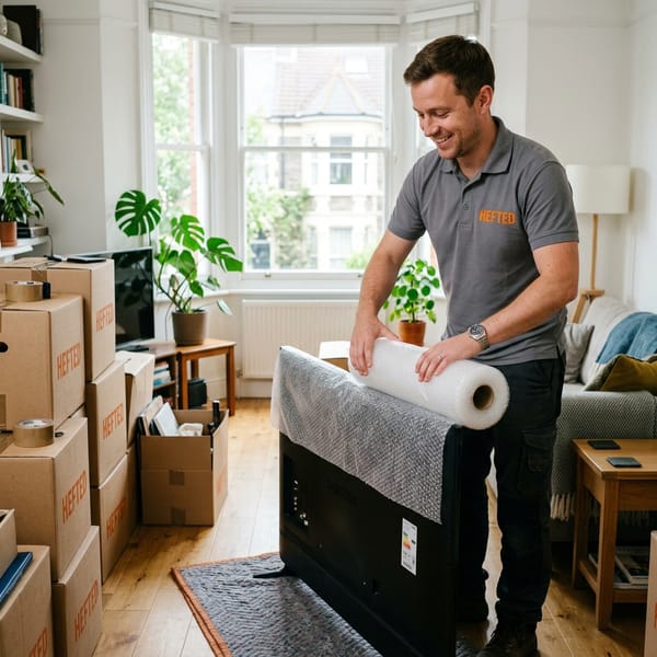 A friendly mover in a grey polo shirt with the orange Hefted logo wrapping a television with bubble wrap in Pontcanna.